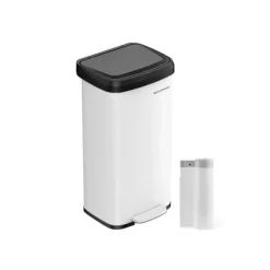 68 liters metal køkkenaffaldsbeholder med hvid-sort låg, 40,4 x 35,1 x 77,6 cm (L x B x H) Totalhøjde (med åbent låg): 106,2 cm Fodpedalmål: 19 x 5 Sale