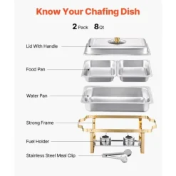4 Qt 2 Pak Rektangel Chafing Dish Sæt, Halvstørrelse Pan, Rustfrit Stål Buffet Sæt