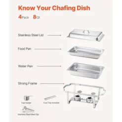 8 Qt Gnidningsfad i Rustfrit Stål, 4-Pak Buffetsæt, Fuld Størrelse Rektangel Pande Outlet