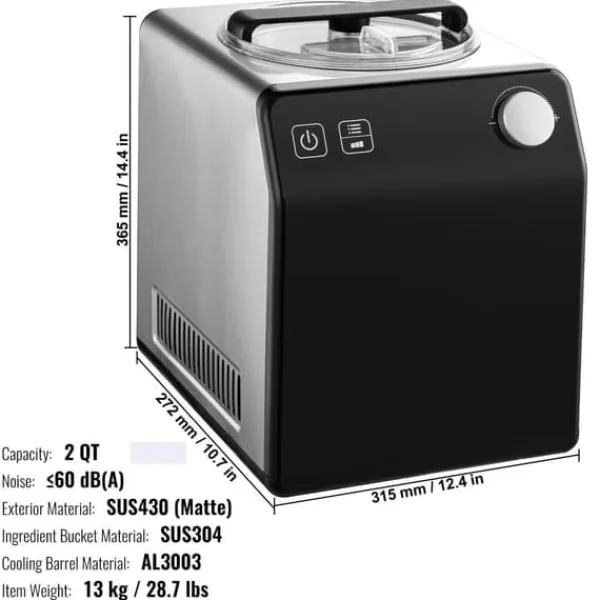 2 Quart Automatisk Ismaskine - Elektrisk Yoghurt og Gelato - Sort Hot