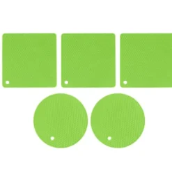 5 stk. 2 runde 3 firkantede silikone honningkagemåtter multifunktionelle varmepuder til varme retter og borde grøn Online
