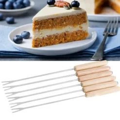 6 stk fonduegafler i rustfrit stål ostefonduestave Smore-pinde med træhåndtag varmebestandig til chokoladeost New