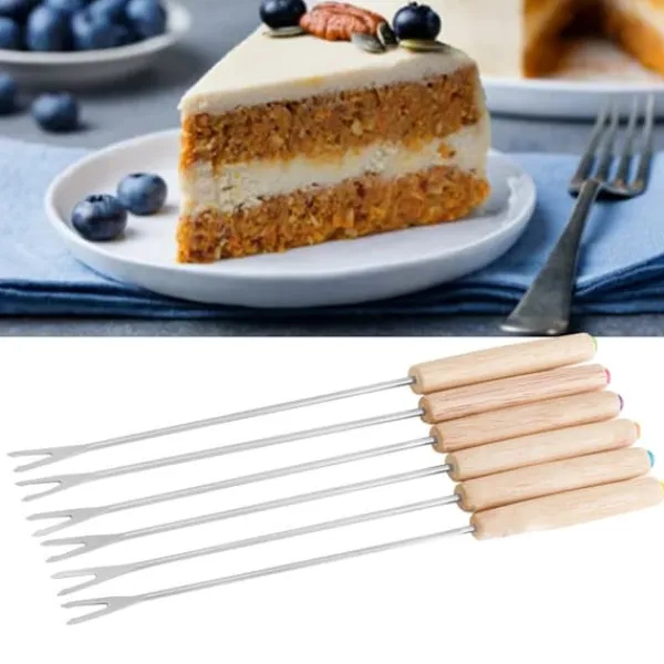 6 stk fonduegafler i rustfrit stål ostefonduestave Smore-pinde med træhåndtag varmebestandig til chokoladeost New