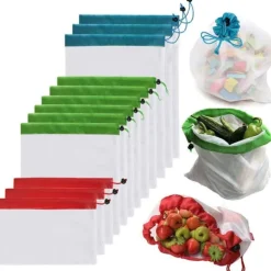 12 stk. genanvendelige net-snor indkøbsposer justerbar polyester snorpose frugt grøntsagsopbevaring net produktindkøbsposer Best