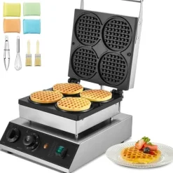 Vaffeljern>4 STK Kommerciel Rund Vaffelmaskine, 1750W Non-Stick, Hurtig Opvarmning, Perfekt til Caféer & Bagerier