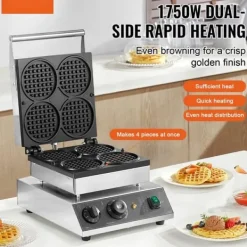 Vaffeljern>4 STK Kommerciel Rund Vaffelmaskine, 1750W Non-Stick, Hurtig Opvarmning, Perfekt til Caféer & Bagerier