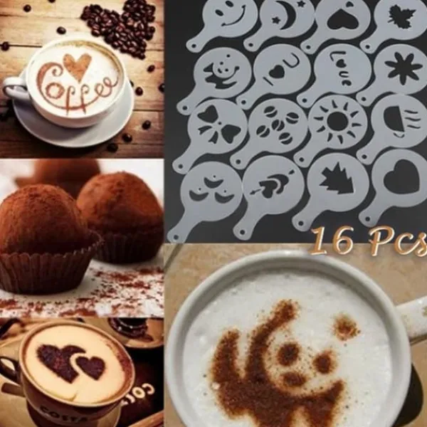 Mad- & Drikkeskabeloner>16 stk. plastik cappuccino kaffe skum spray skabelon skabeloner gør-det-selv dekoration kaffe trykform