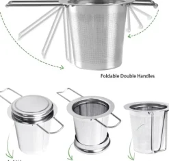 Tefiltre>1 tesi i rustfrit stål med foldbare dobbelthåndtag og låg, kan hænges på tekander, kopper, krus, til brygning af løs te og kaffe