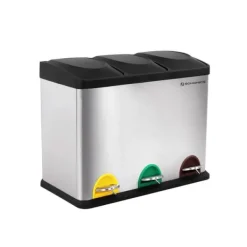 Affaldssorteringsspande>Affaldsspand – Pedalspand med 3 rum – Sølv/Sort