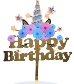 Akryl kagetopper tillykke med fødselsdagen enhjørning