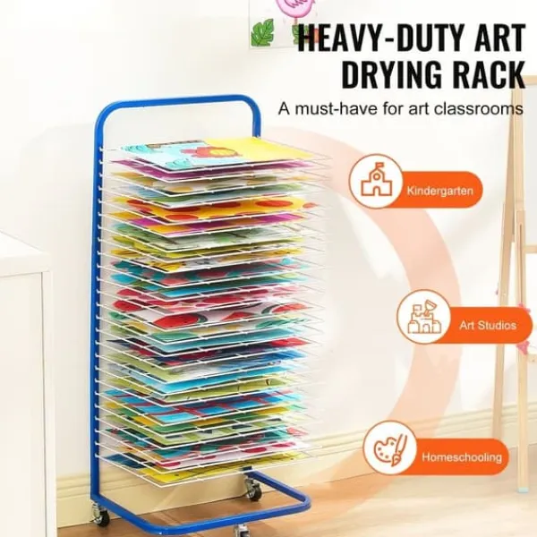 Vasketøjsudstyr>Art tørrestativ med 25 aftagelige hylder og hjul, Blå, nem at flytte, perfekt til maleri og håndværk.