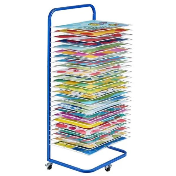 Vasketøjsudstyr>Art tørrestativ med 25 aftagelige hylder og hjul, Blå, nem at flytte, perfekt til maleri og håndværk.