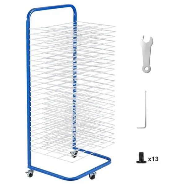 Vasketøjsudstyr>Art tørrestativ med 25 aftagelige hylder og hjul, Blå, nem at flytte, perfekt til maleri og håndværk.