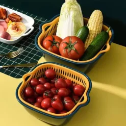 Avloppskorg dubbellager sidohandtag PP Snabbtömning Förtjockad tvättkorg för kök gul och blå Best