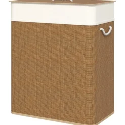 Bambus vasketøjskurv 100L med låg, rebbærehåndtag & aftagelig pose, brun Best