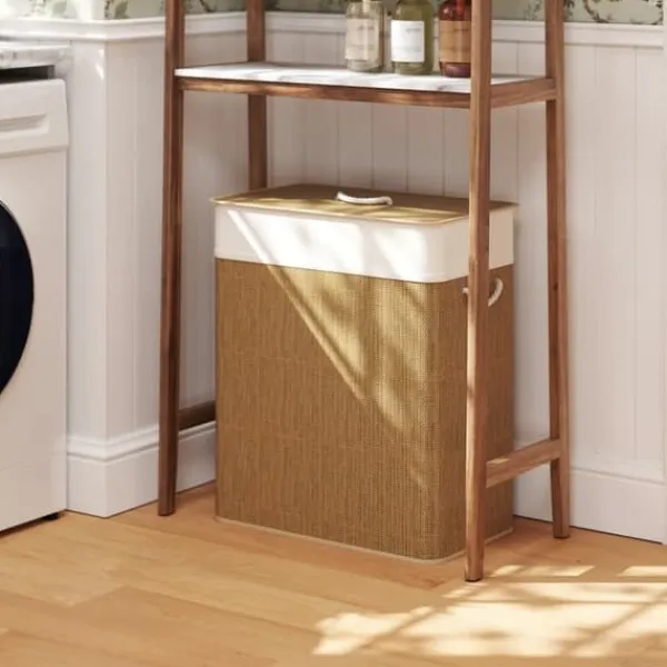 Bambus vasketøjskurv 100L med låg, rebbærehåndtag & aftagelig pose, brun Best