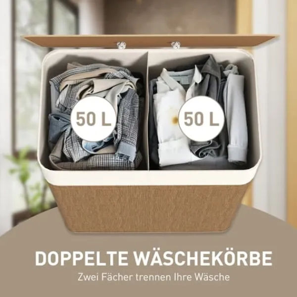 Bambus vasketøjskurv 100L med låg, rebbærehåndtag & aftagelig pose, brun Best