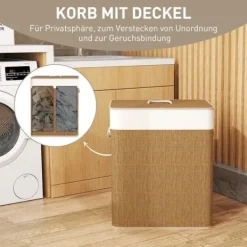 Bambus vasketøjskurv 100L med låg, rebbærehåndtag & aftagelig pose, brun Best