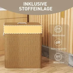 Bambus vasketøjskurv 100L med låg, rebbærehåndtag & aftagelig pose, brun Best