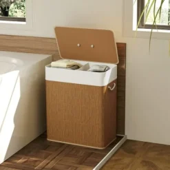 Bambus vasketøjskurv 100L med låg, rebbærehåndtag & aftagelig pose, brun Best