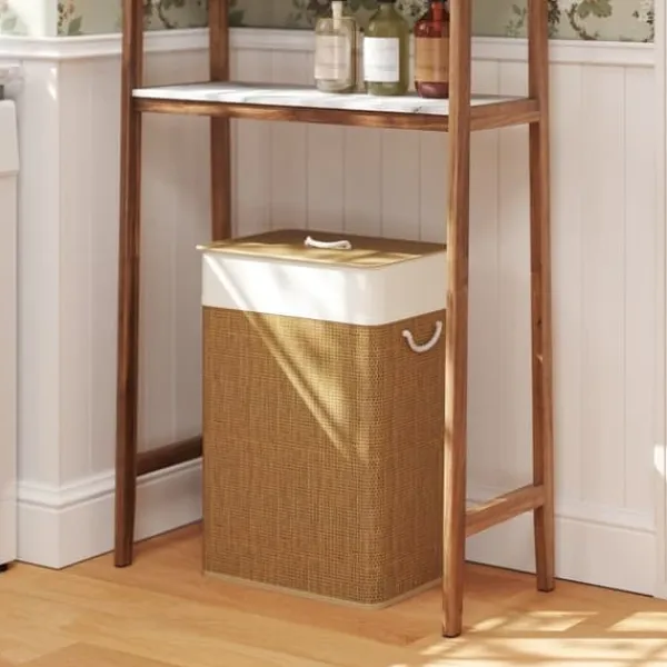 Bambus vasketøjskurv 72L med låg, rebbærehåndtag & aftagelig pose, brun Best