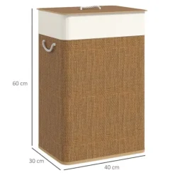 Bambus vasketøjskurv 72L med låg, rebbærehåndtag & aftagelig pose, brun Best