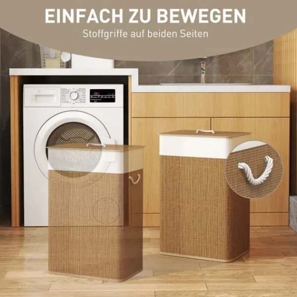 Bambus vasketøjskurv 72L med låg, rebbærehåndtag & aftagelig pose, brun Best