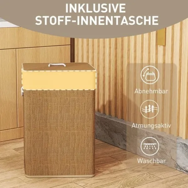 Bambus vasketøjskurv 72L med låg, rebbærehåndtag & aftagelig pose, brun Best