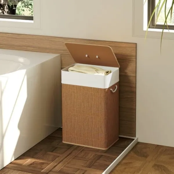 Bambus vasketøjskurv 72L med låg, rebbærehåndtag & aftagelig pose, brun Best