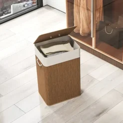 Bambus vasketøjskurv 72L med låg, rebbærehåndtag & aftagelig pose, brun Best