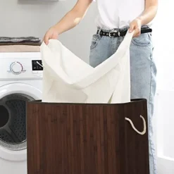 Bambusvaskekurv - Washbasin med 2 rum - Vaskemaskine - med låg - 100 L Clearance