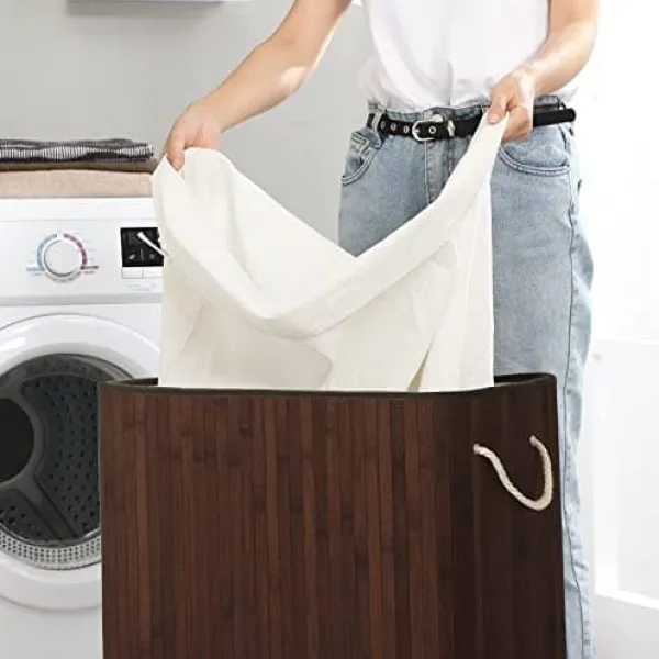 Bambusvaskekurv - Washbasin med 2 rum - Vaskemaskine - med låg - 100 L Clearance