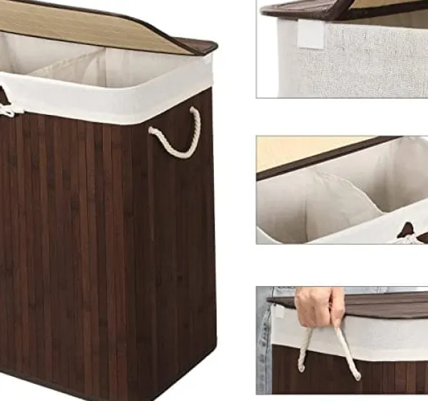 Bambusvaskekurv - Washbasin med 2 rum - Vaskemaskine - med låg - 100 L Clearance