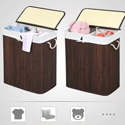 Bambusvaskekurv - Washbasin med 2 rum - Vaskemaskine - med låg - 100 L Clearance