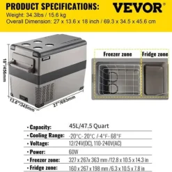 Bærbar Bilkøleskab, Køleområde -20℃ til 20℃,45L