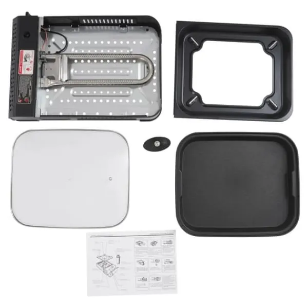 Bærbar gasgrill og campingkomfur - Butan - 2,1 kW - Piezo-tænding - Grillpande med låg 37×30×3,5 cm - Butan gasdåse ikke inkluderet - Sort Hot