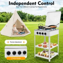 Komfurer>Bærbar udendørs gaskomfur - Stativmodel - 4 brændere - NG/LPG (kræver lavtryksregulator) - Vindskærm - 2 hylder - Manuel tænding - Hvid
