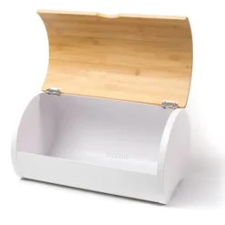 Brødkasser & Brødposer>Brødkasse lavet af lakeret stål med betræk af bambustræ