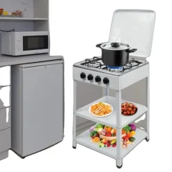 4-Brænder Gasblus, Rustfrit Stål, Bærbart Design, Vindskærm,HVID Best