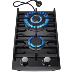 2-brænder gaskogeplade, indbygget, elektronisk tænding, hærdet glas,Sort