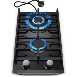 2-brænder gaskogeplade, indbygget, elektronisk tænding, hærdet glas,Sort