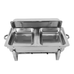 Buffetvarmer - Chafing Dish med stativ - 7,5 l - Rustfrit stål - Madbakke 27×34×6,8 cm - 55,7×34×38,3 cm - Brænderpasta - Sølv Hot