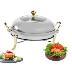 Buffetvarmer - Rund chafing dish - 3 L - Rustfrit stål med glaslåg - Bærehåndtag - Justerbar flamme - Ø 28 cm indsats, Ø 38 cm, H 23 cm - Lysegrå Discount