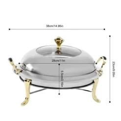 Buffetvarmer - Rund chafing dish - 3 L - Rustfrit stål med glaslåg - Bærehåndtag - Justerbar flamme - Ø 28 cm indsats, Ø 38 cm, H 23 cm - Lysegrå Discount