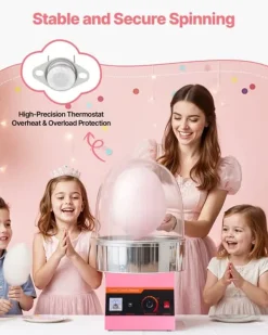 Candyfloss- og sukkerspindmaskine - Professionel - Elektrisk 1000 W - Med låg - Skål i rustfrit stål - Sukkerske inkl. - Lyserød Discount