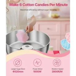 Candyflossmaskine med Vogn, Sukkerstivelsesmaskine 1000W, Professionel, Fest Klar Hot