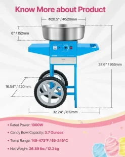 Candyflossmaskine, 1000W Effekt, Justerbar Temperaturkontrol,Blå Discount