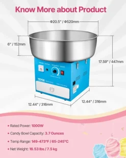 Candyflossmaskine, 1000W effekt, 3,7 ounces kapacitet, temperaturinterval 149-473°F,Blå Outlet