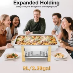 Chafing Dish - Buffetvarmer - 9 L Kapacitet - Rustfrit Stål - 2 Brænderholdere - Til fast sprit/bio-olie - 63x35x32 cm - Sølv/Guld Hot