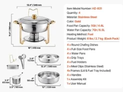 Madopvarmere>Chafing Dish Buffet Sæt, 5Qt Kapacitet, Holdbart Rustfrit Stål,guld